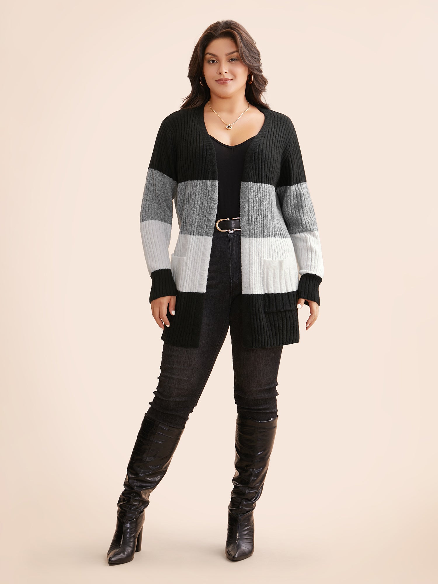 Colorblock Contrast Patched Pocket Cardigan