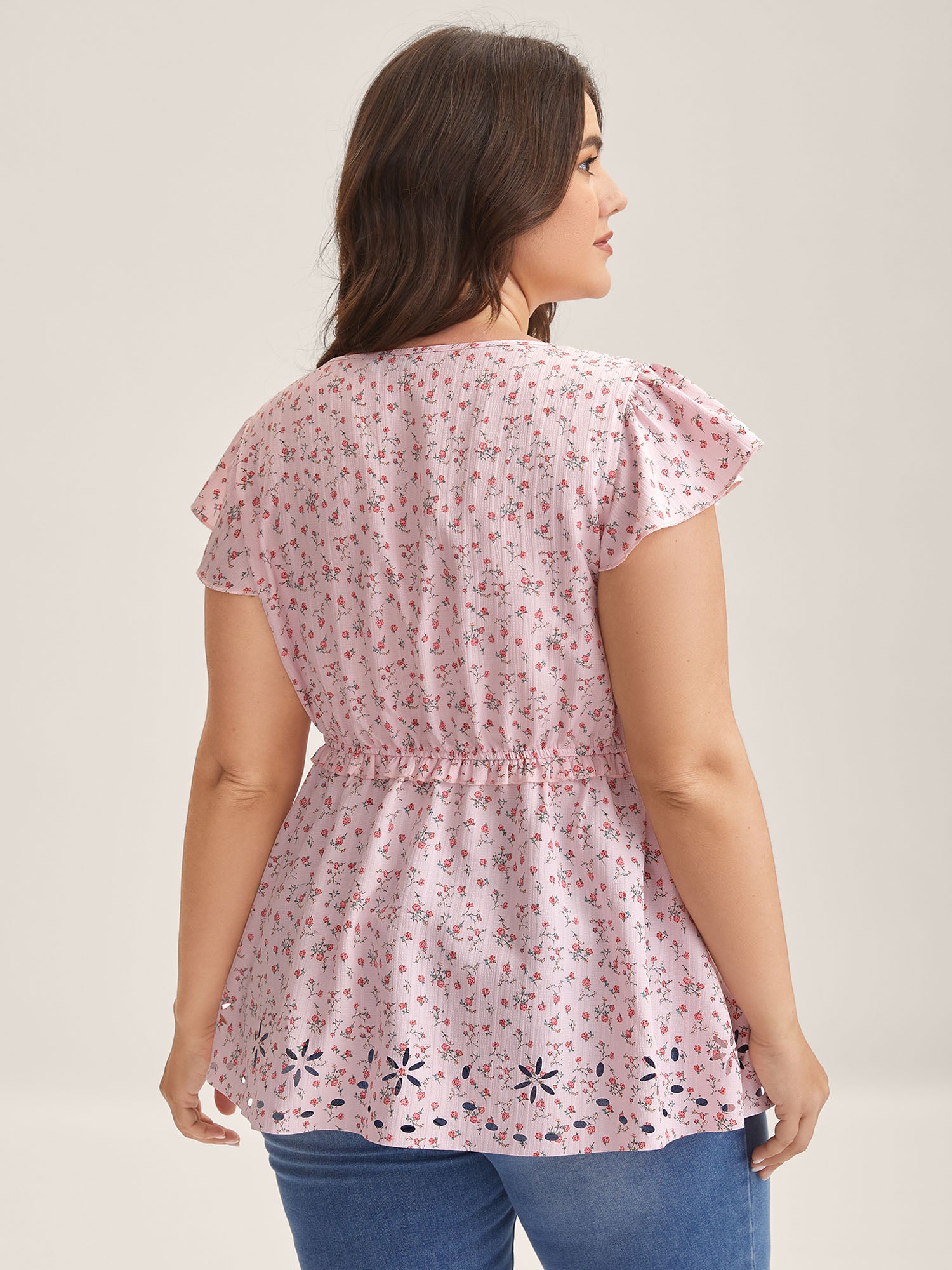 Shirred Laser Cut Hem Floral Blouse