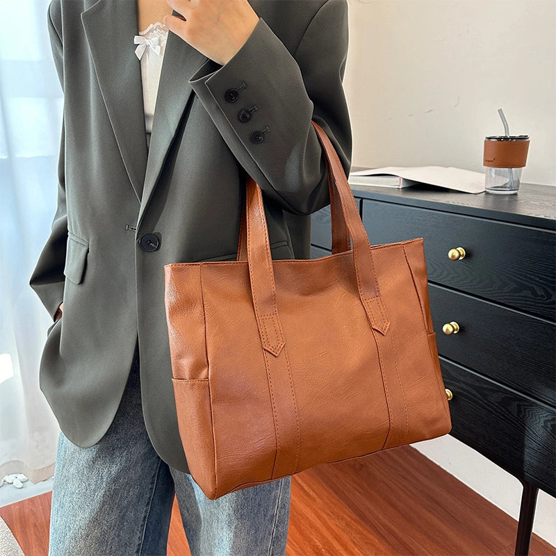Women's Large Pu Leather Solid Color Classic Style Square Zipper Tote Bag