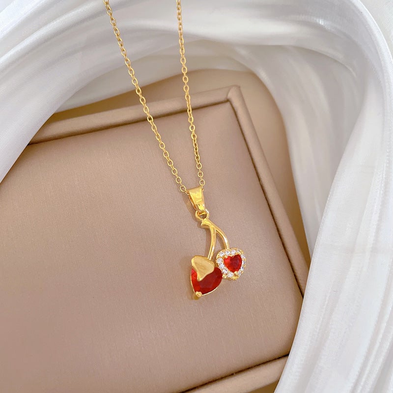 Love Cherry Full Diamond Fashion Gorgeous Full Diamond Necklace Women'S All-Match Clavicle Chain Titanium Steel