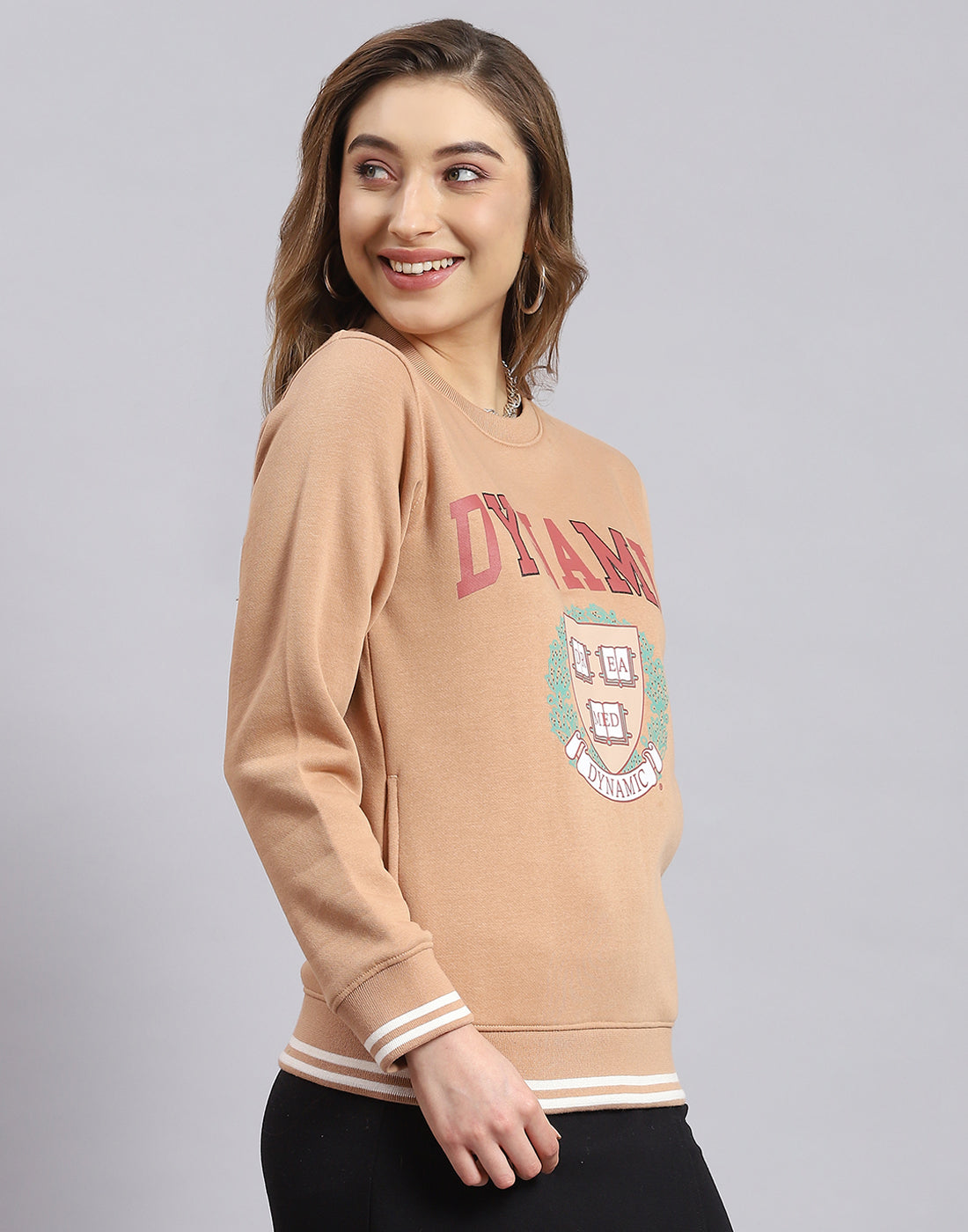 Women Beige Printed Round Neck Full Sleeve Sweatshirt