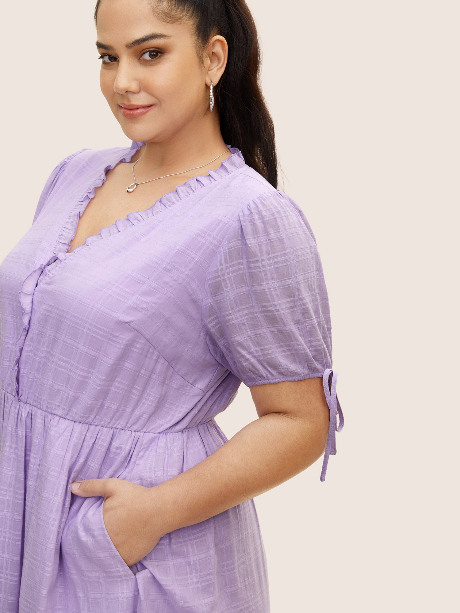 Plaid Drawstring Puff Sleeve Frill Trim Dress