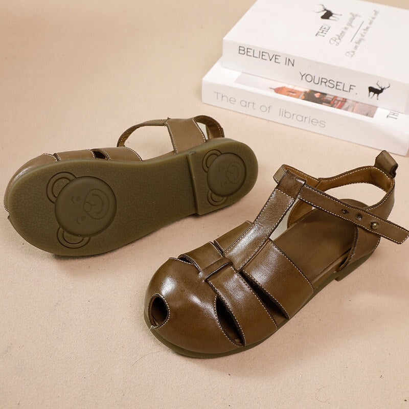 Roman Style T-Strap Soft Leather Big Toe Flats Sandals with Cut-Out Design in Caramel/Khaki
