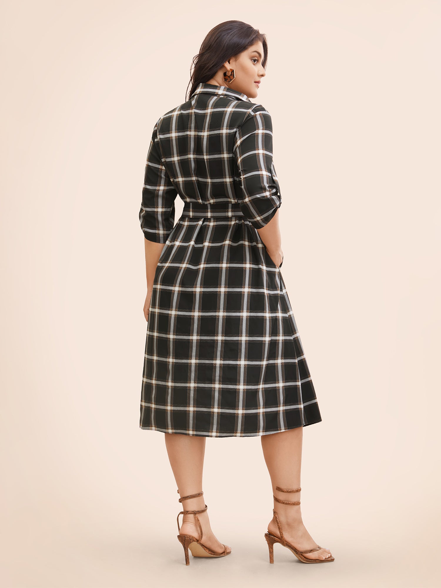 Plaid Shirt Collar Belted Tab Sleeve Dress