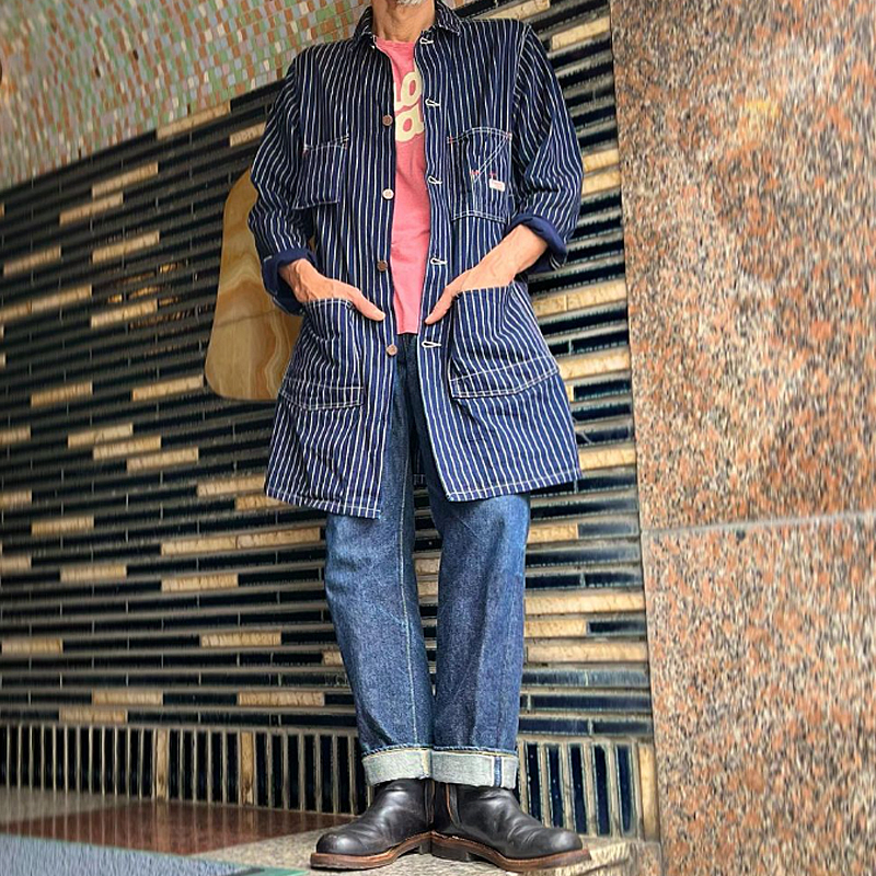 Vintage Striped Denim Mid Length Trench Jacket