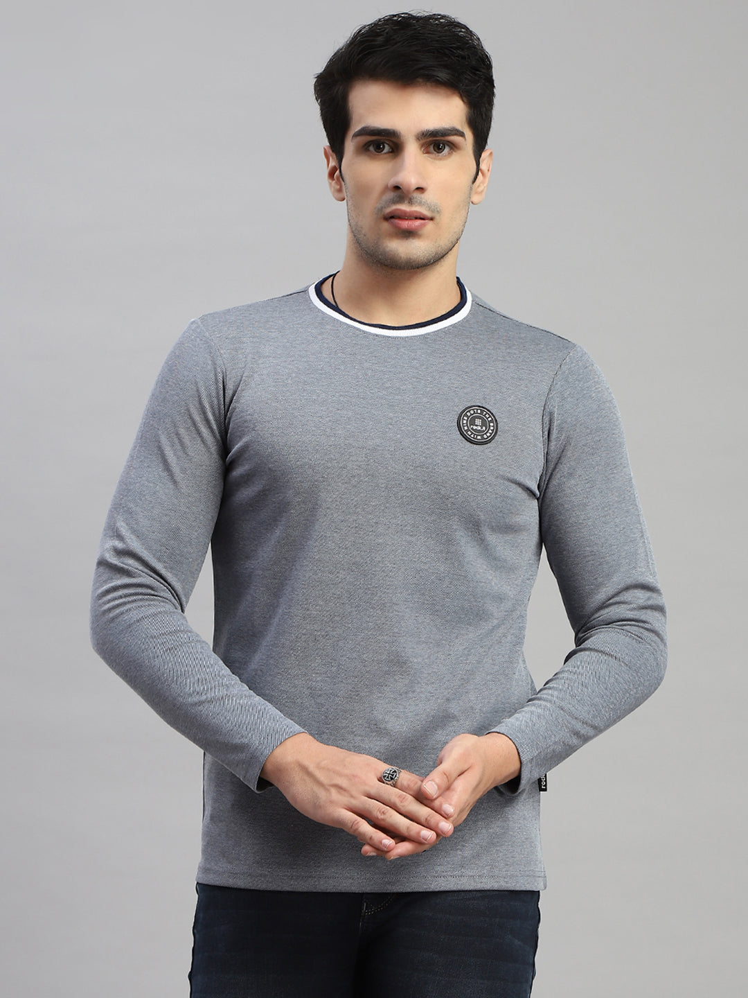 Men Grey Solid Round Neck Full Sleeve T-Shirt