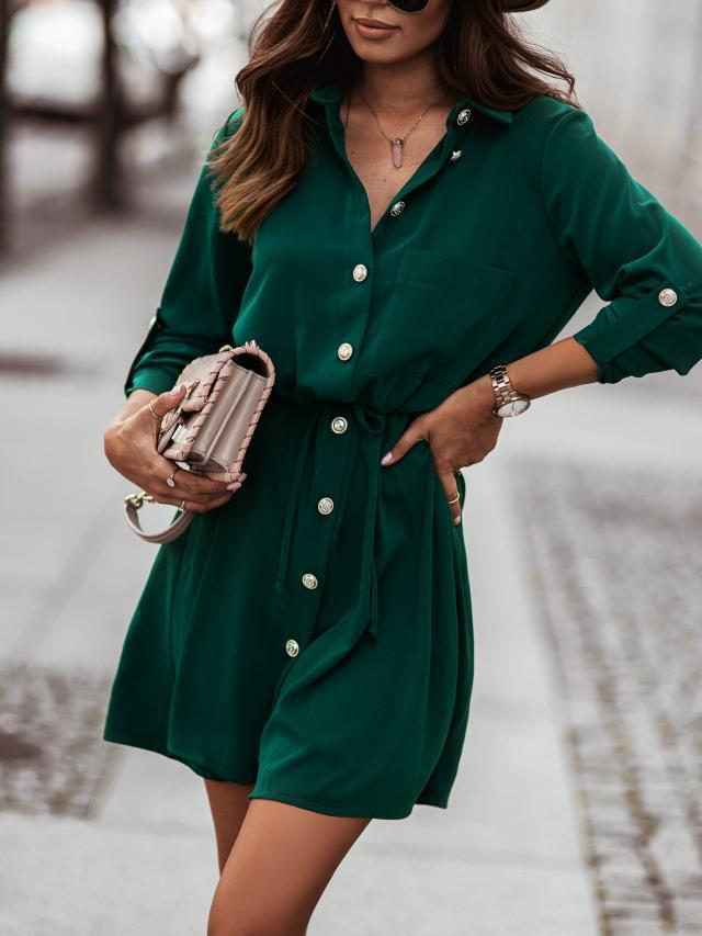 Waist Tie Button Pull Sleeve Dress