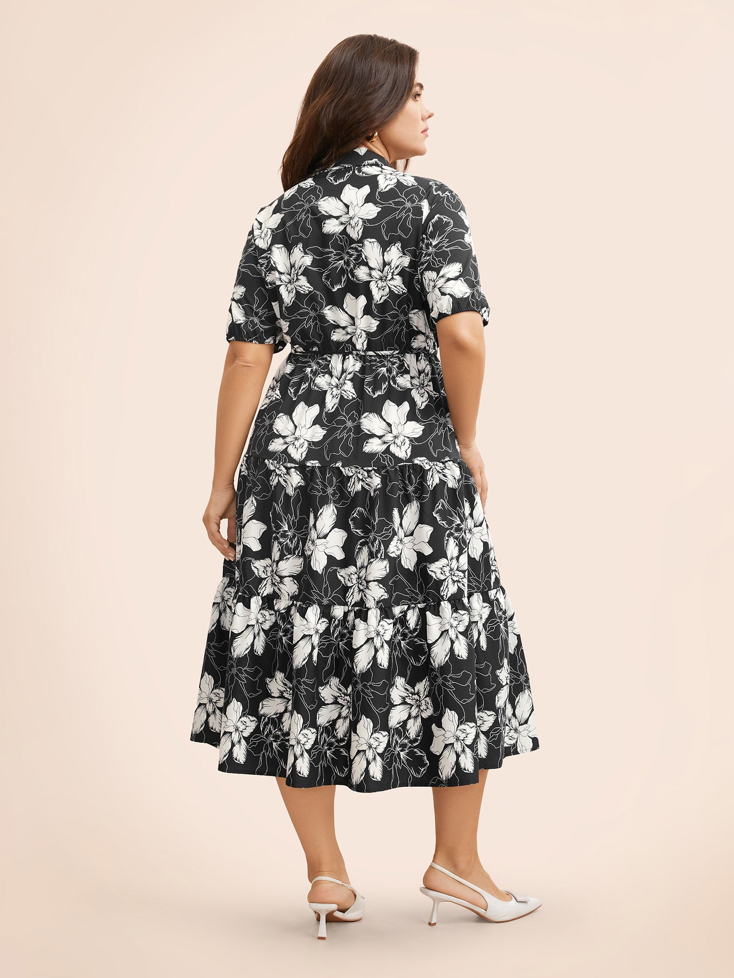 Floral Shirt Collar Belted Midi Dress