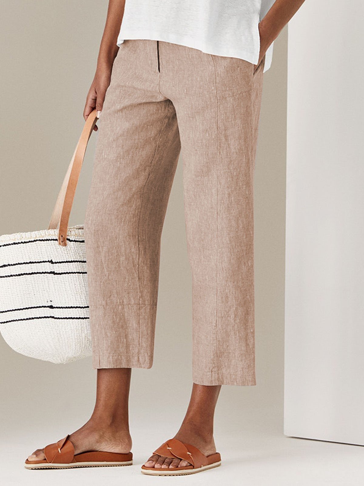 Solid Casual Pockets Cotton Pants