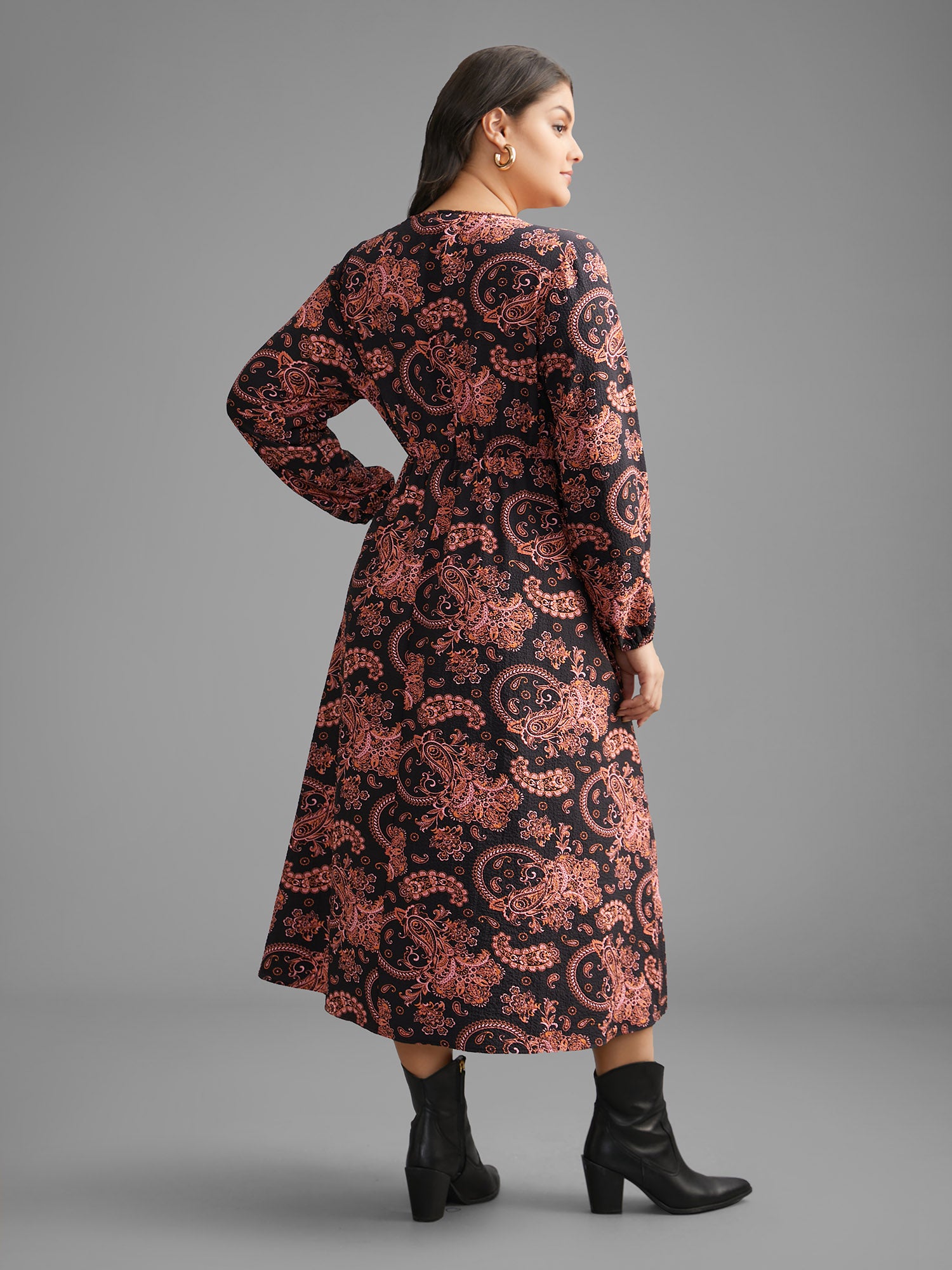 Boho Print Notched Collar Lantern Sleeve Dress