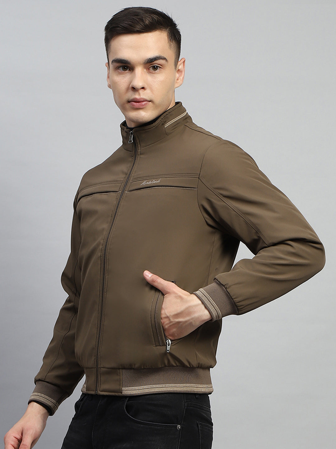 Men Brown Solid Mock Neck Full Sleeve Jacket