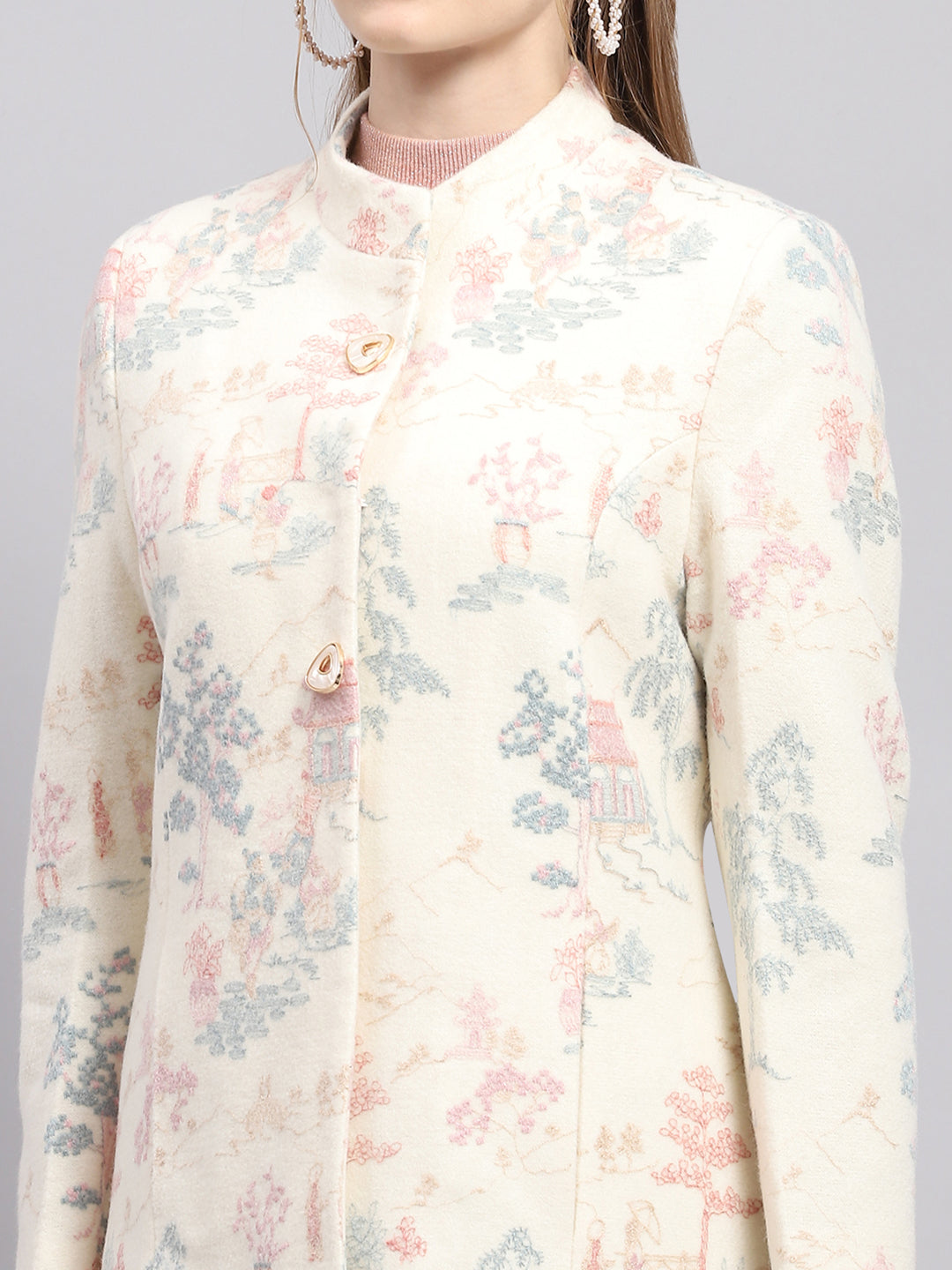 Women White Embroidered Mock Neck Full Sleeve Coat