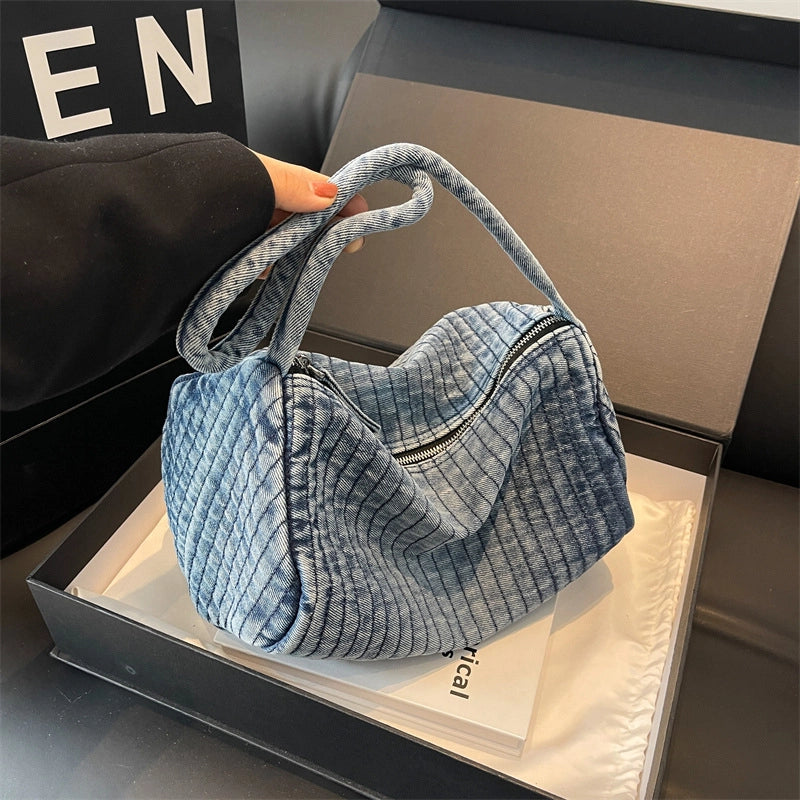 Women's Large Denim Solid Color Streetwear Pillow Shape Zipper Shoulder Bag Crossbody Bag
