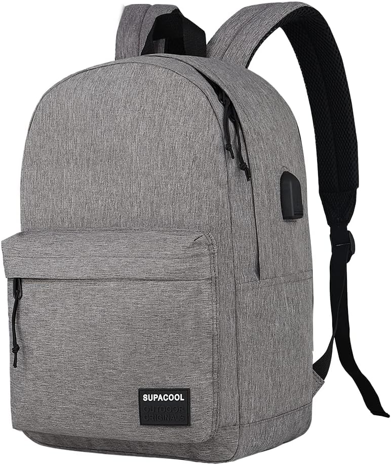 SUPACOOL Casual Laptop Backpack for Men and Women, School Backpack for Boys and Girls, College Bookbag, USB Charging Port, Lightweight Back Pack(Black)