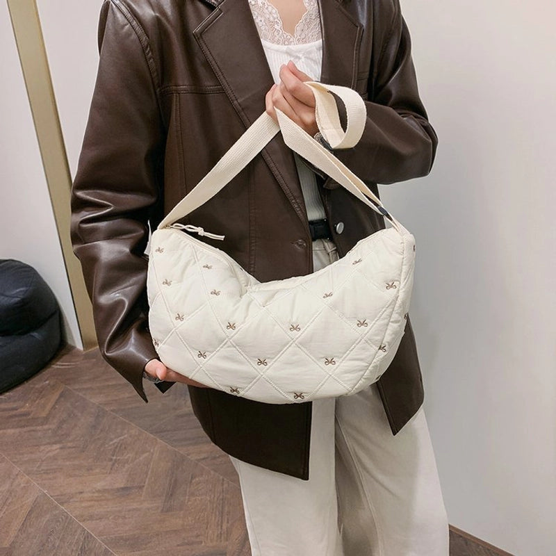 Women's Canvas Lingge Bow Knot Classic Style Dumpling Shape Zipper Shoulder Bag Crossbody Bag