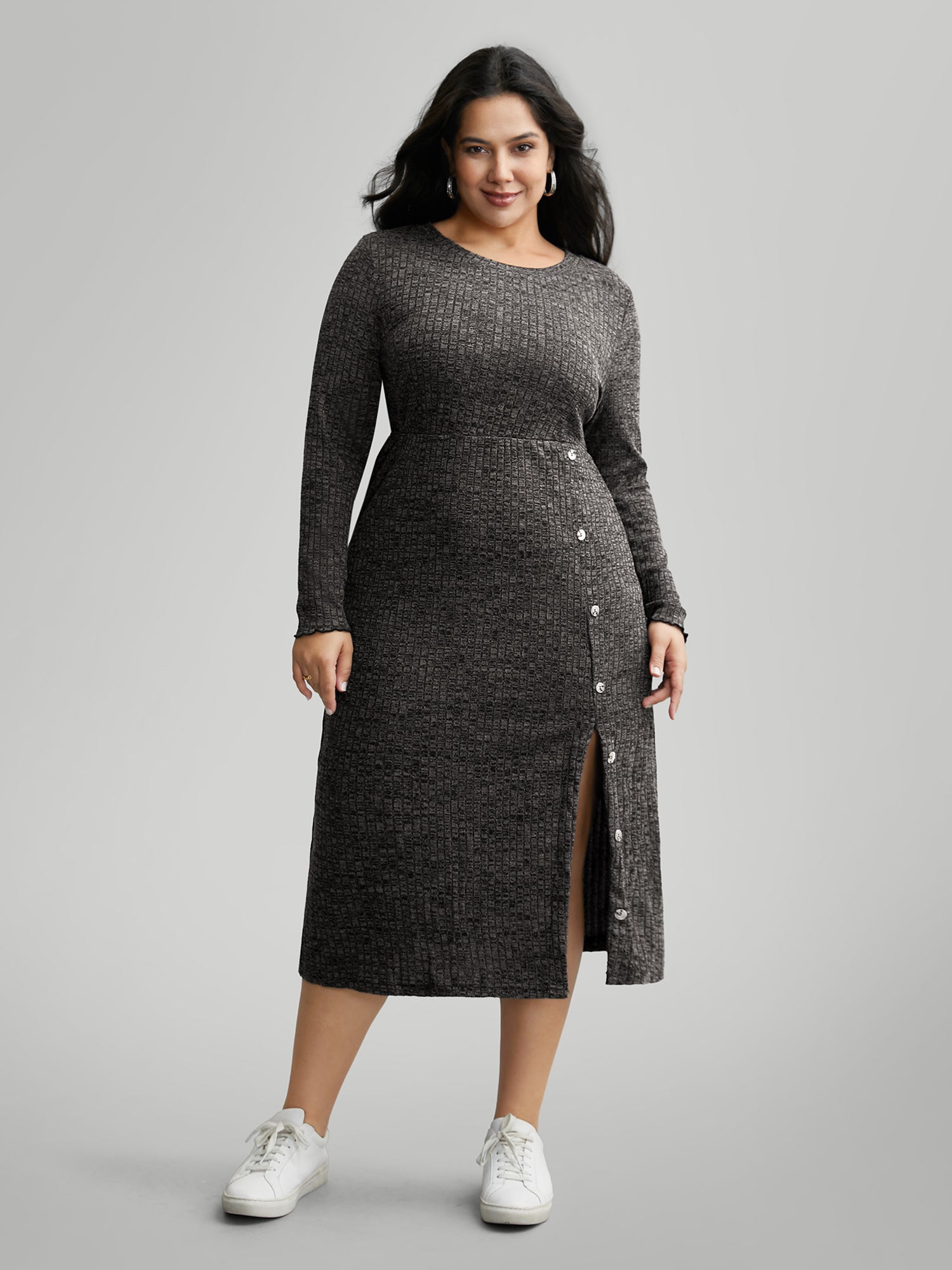 Crew Neck Button Detail Split Hem Dress