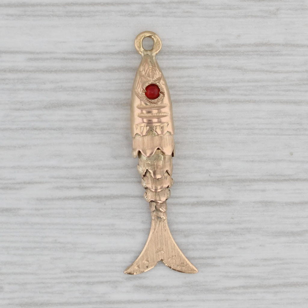 Articulating Fish Charm 800 Yellow Gold Red Glass Eye Nautical Pendant