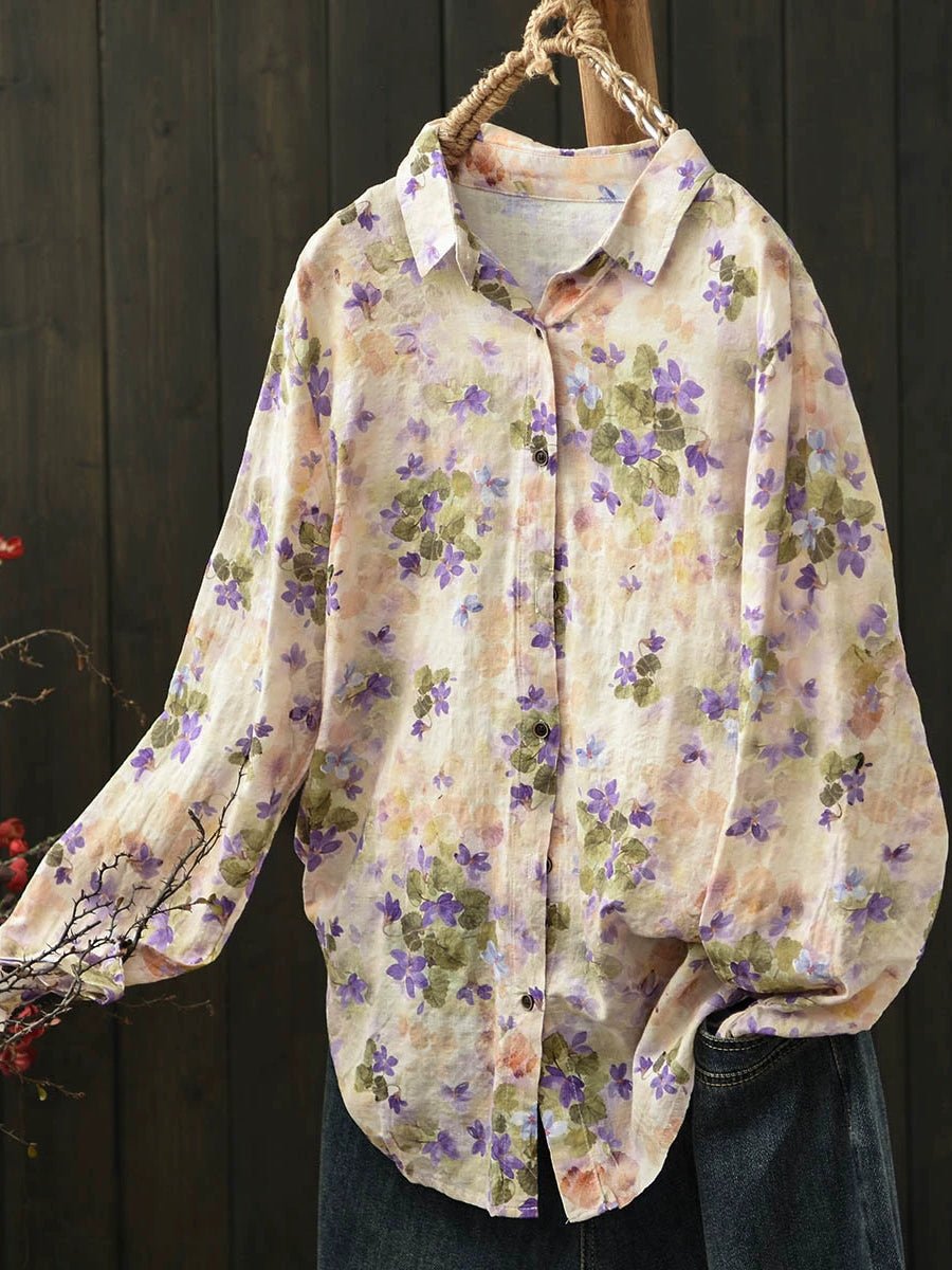 Women Spring Flower Turn-down Collar Shirt