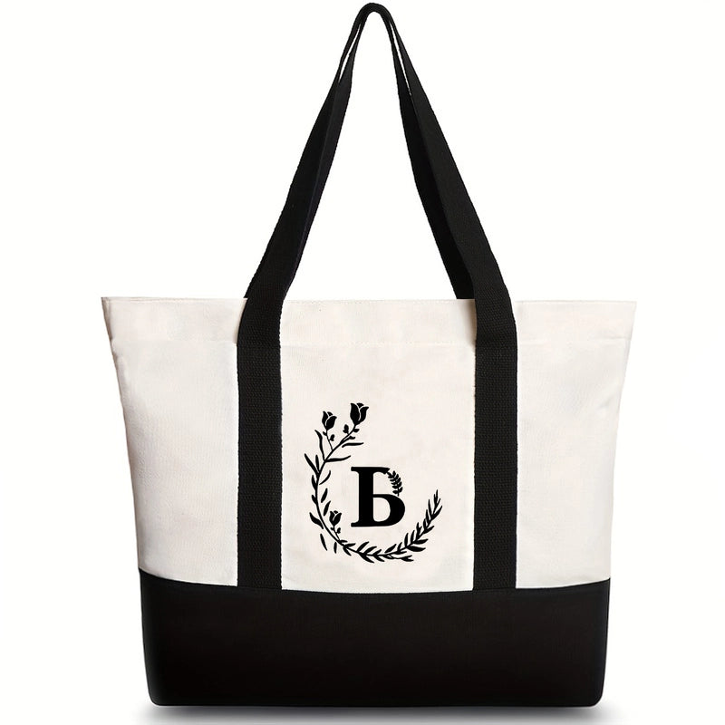 Women's Medium Canvas Letter Flower Classic Style Square Zipper Shoulder Bag