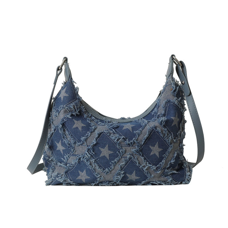 Women's Small Denim Star Streetwear Zipper Underarm Bag
