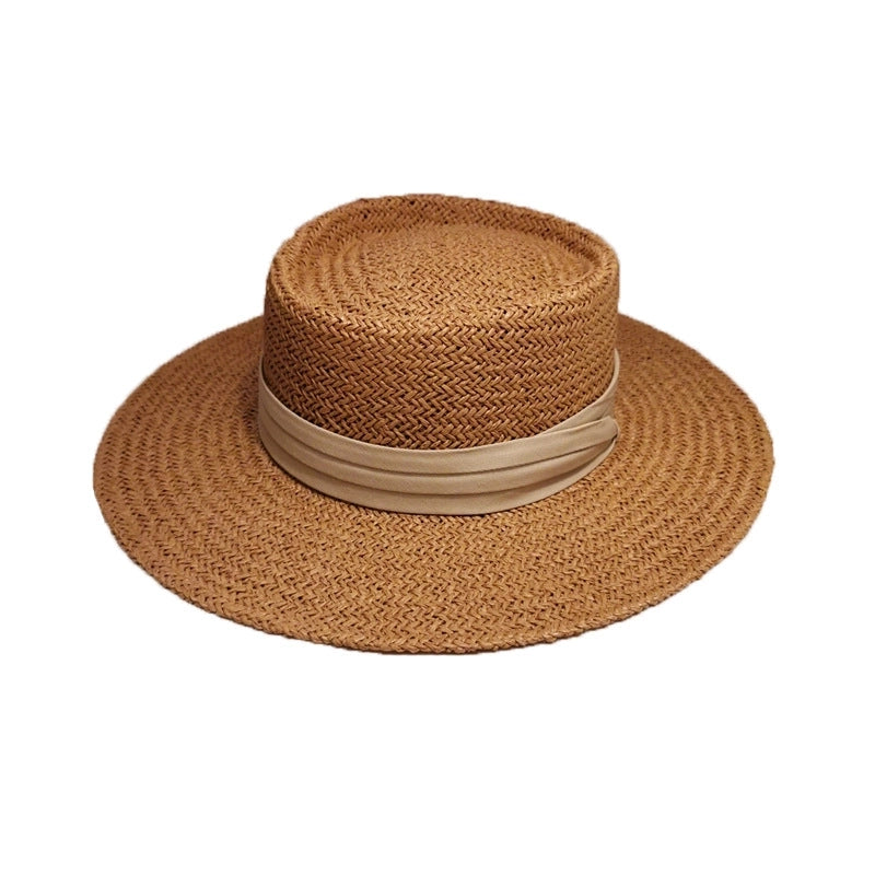 Hard Top Straw Hat Women's Summer Seaside Flat Top Big Brim Hat Leisure Holiday Beach Hat Flat Rim Ceremony Hat