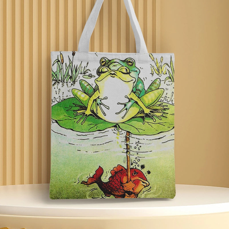 Women's Canvas Cartoon Frog Basic Classic Style Square Open Canvas Bag