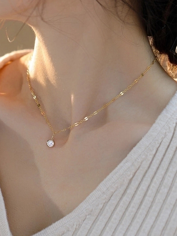 Copper Minimalist Inlay Round Zircon Solitaire Necklace