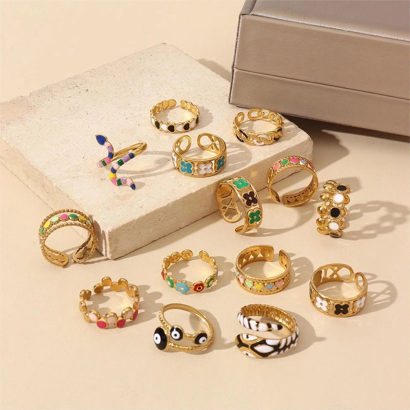 Retro U Shape 304 Stainless Steel 18K Gold Plated Enamel Open Rings