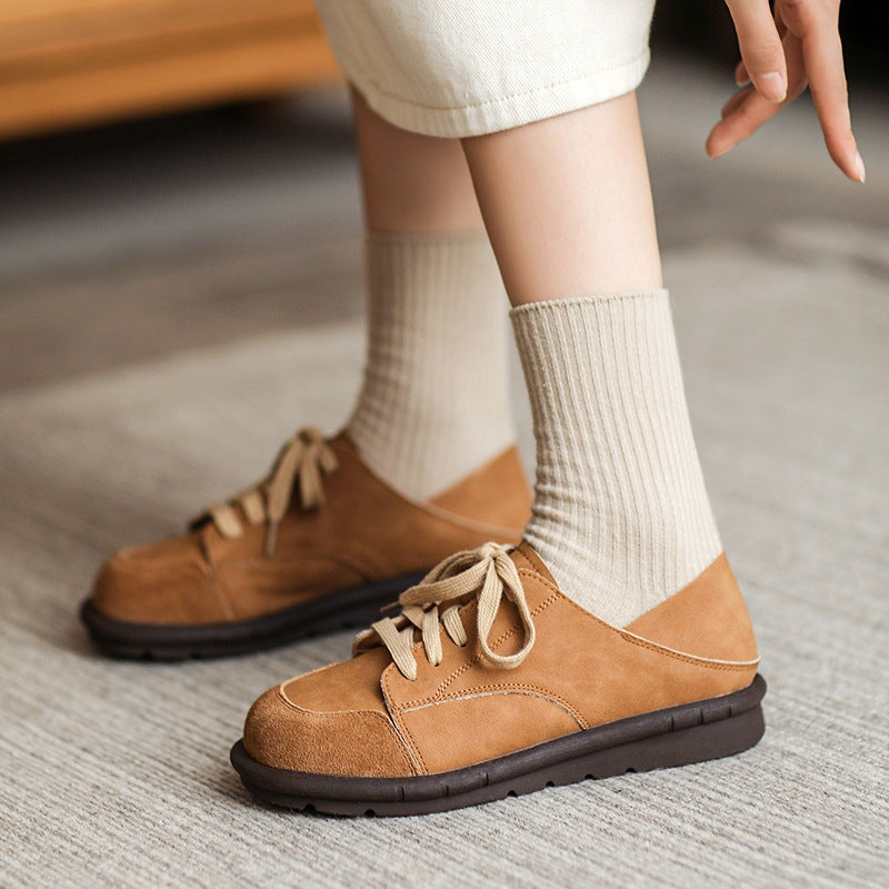 Handmade Soft Leather Oxfords & Tie Flats For Women Barefoot Shoes  in Brown/Beige