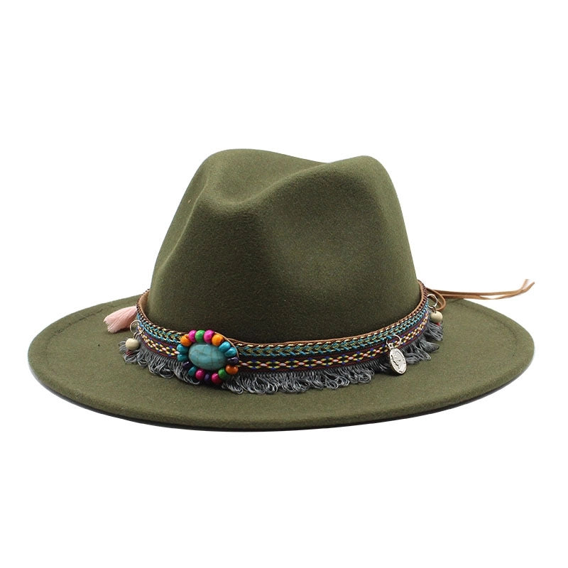 Designed Hot Sale Woolen Hat Women's Ethnic Style Retro Flat Brim Big Brim Jazz Hat