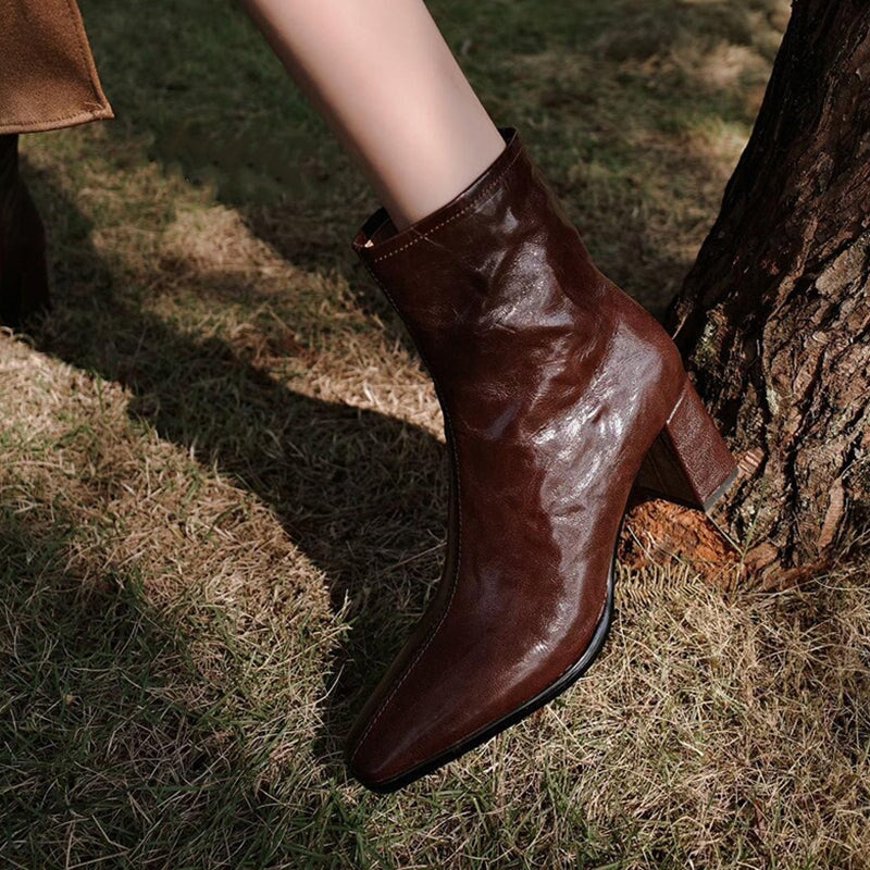 Squared Toe Leather Slimming Boots Sock Boots in Black/Brown