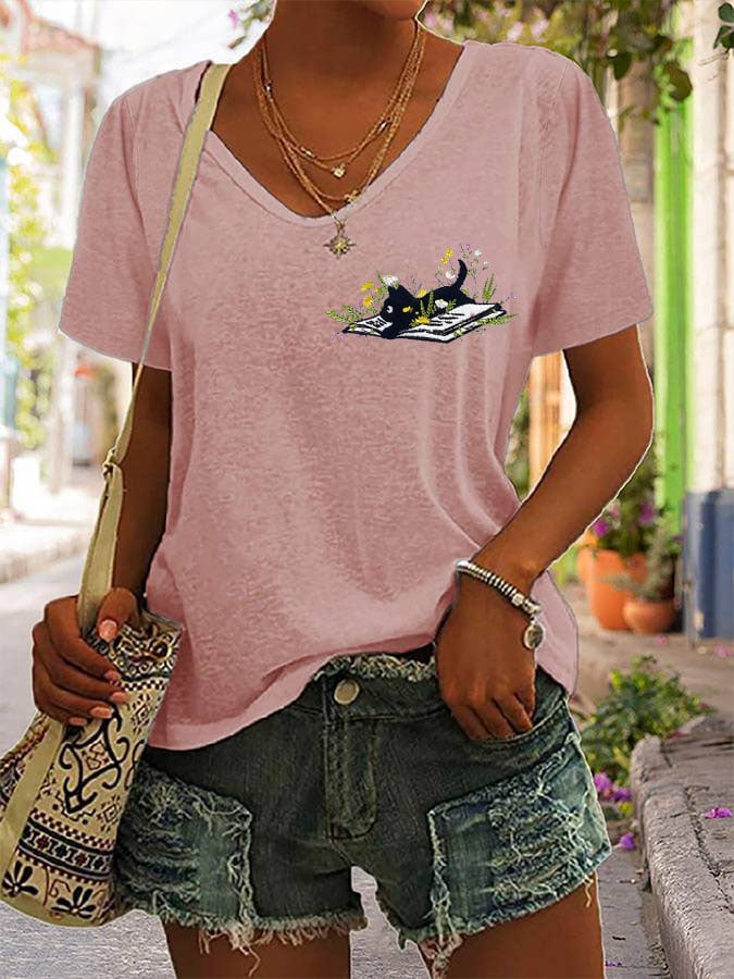 Women's Floral Black Cat Print V-Neck T-Shirt