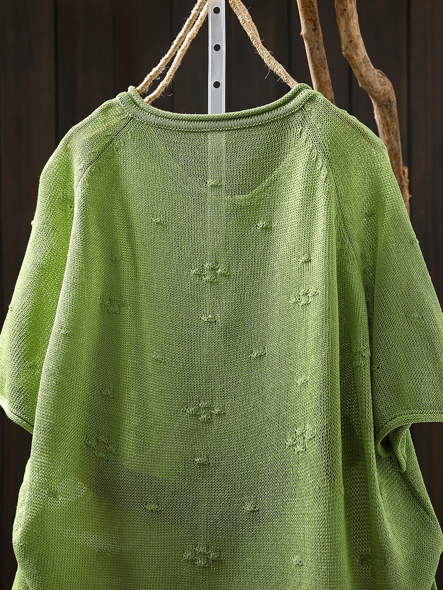 Women Summer Casual Jacquard Knitted O-Neck Shirt