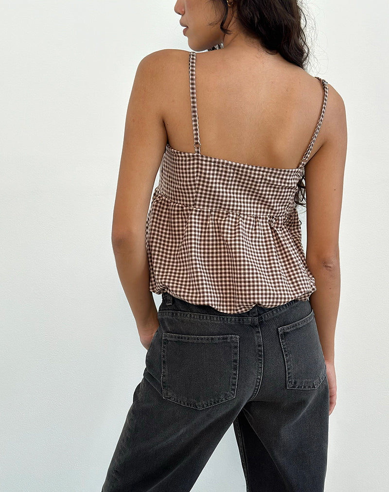 Charlita Frill Cami Top in Mini Gingham Brown