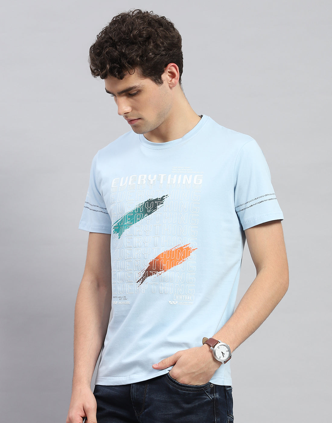 Men Sky Blue Printed Round Neck Half Sleeve T-Shirt