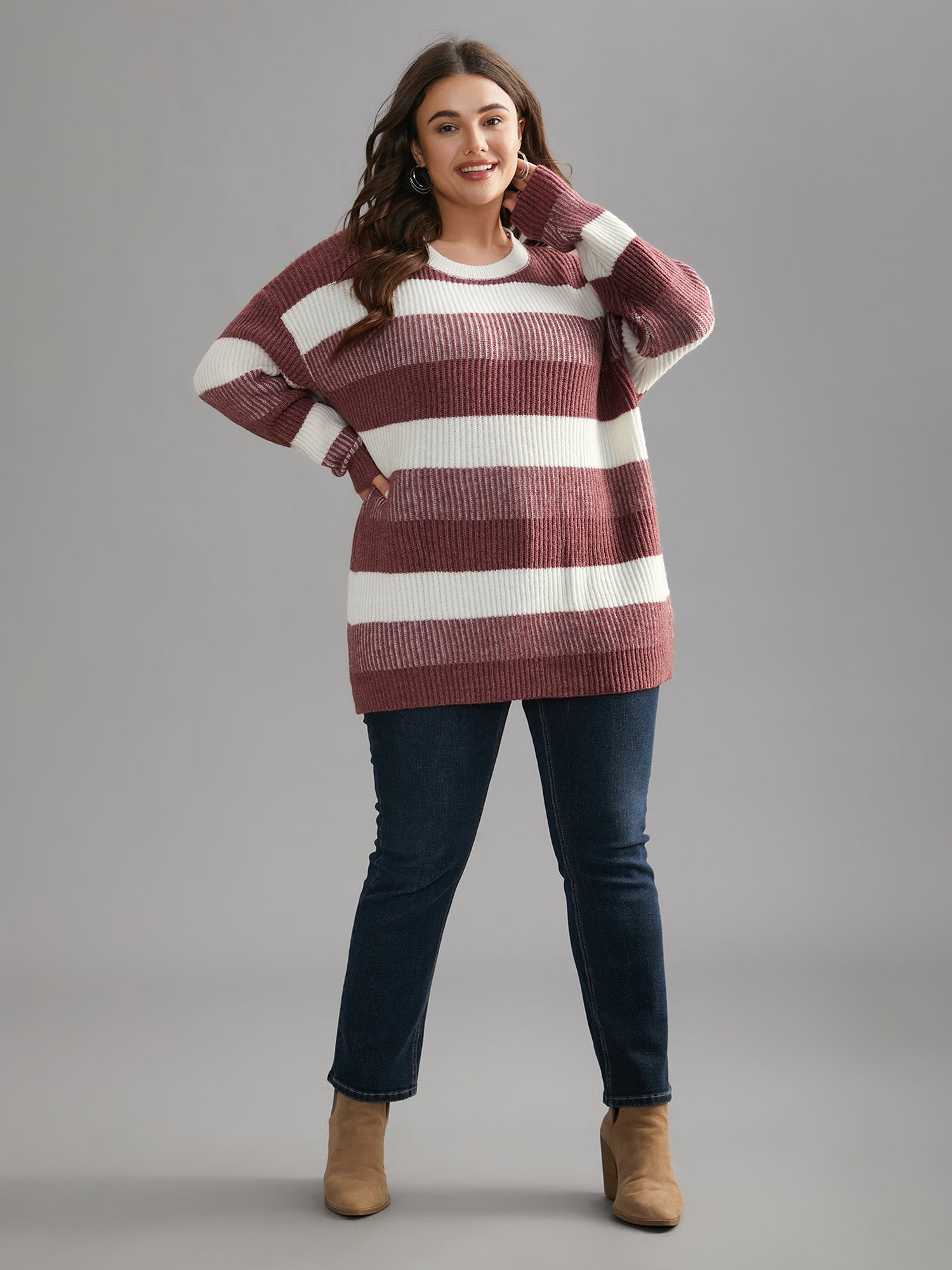 Color Block Round Neck Texture Pullover