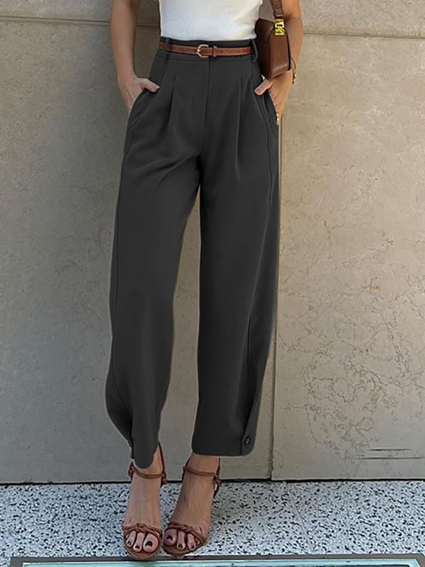 High Waisted Loose Buttoned No Belt Pleated Pockets Suit Pants