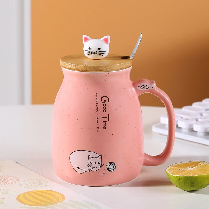 Cartoon Couple Cute Cat Ceramic Water Cup Super Cute Cat Lid Spoon Coffee Cup Breakfast Milk Gift Mug