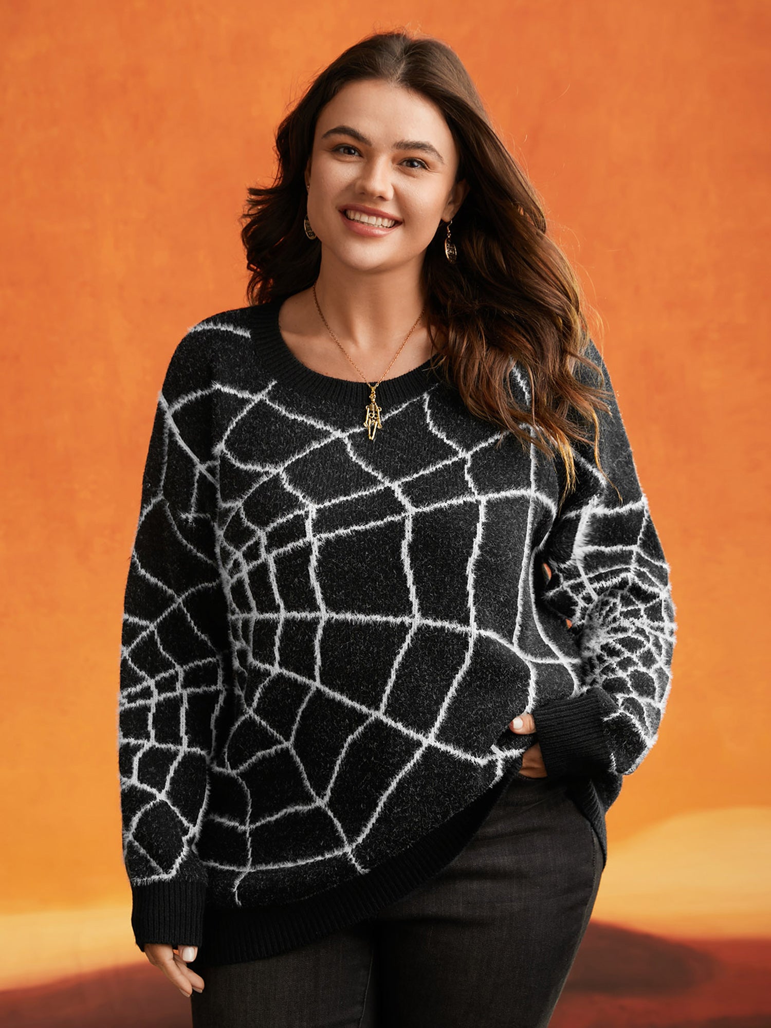 Textured Spider Web Crew Neck Pullover