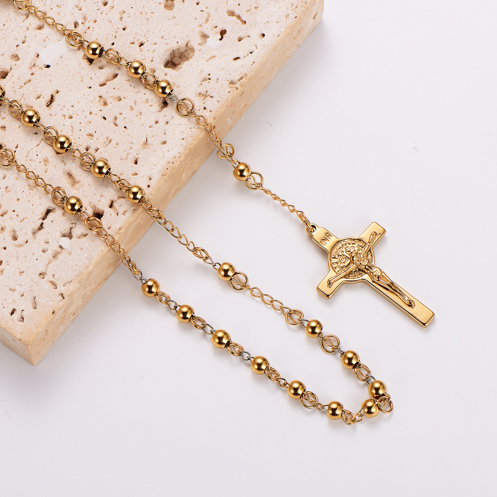 Aml Fashion Stainless Steel Round Beads Rosary Men And Women Cross Necklace Sweater Chain