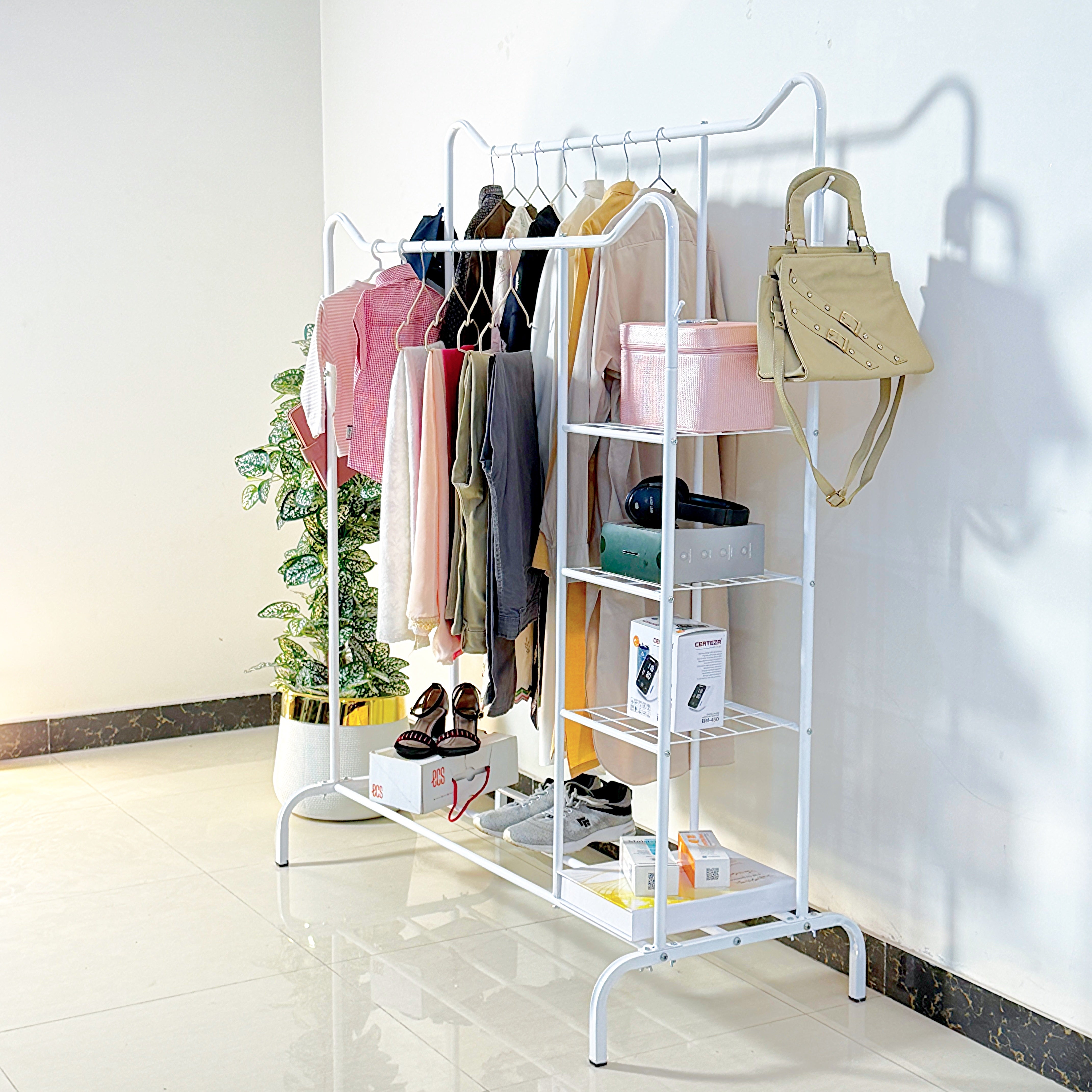 Space-Saving Metal Clothes Stand by Matrix (D) – With Side Storage Shelves & Hooks