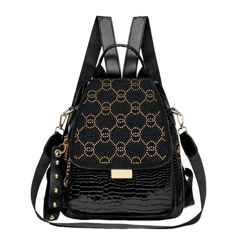 🎒Women's Black Large Capacity Sparkling Rhinestone & Geometric Print Backpack✨