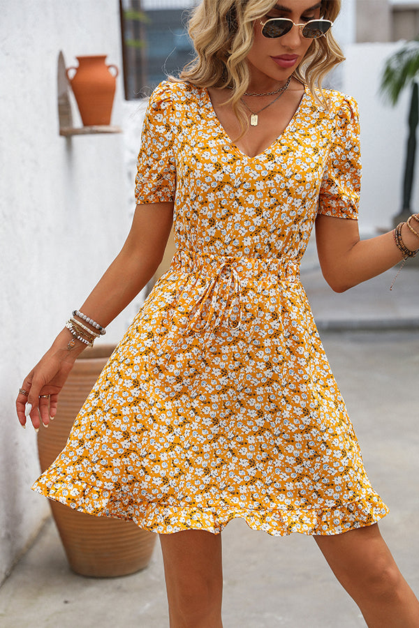 V Neck Floral Print Casual Mini Dress