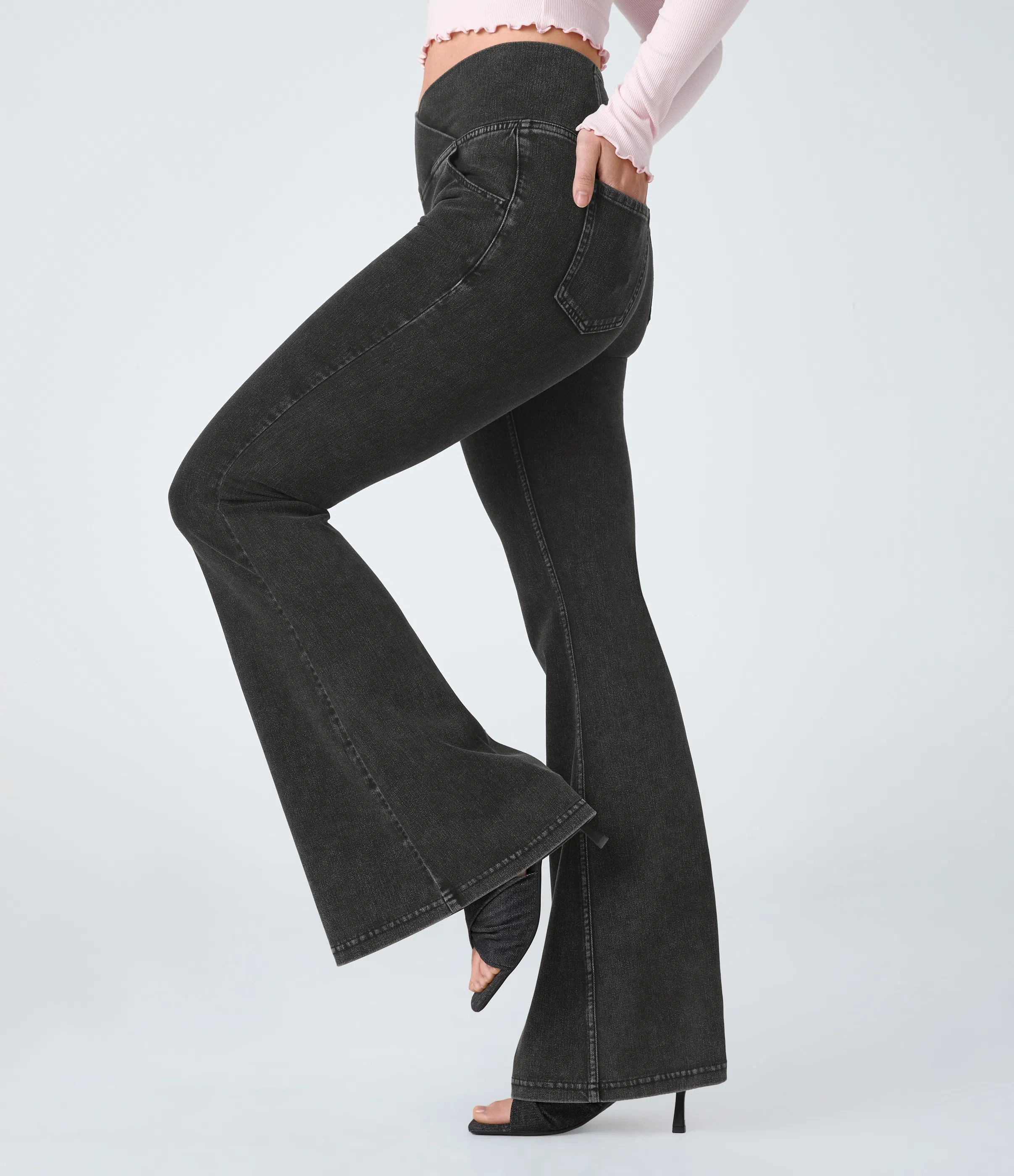 ⚡8 Packs for $25.95⚡- High Waisted Crossover Pocket Washed Stretchy Knit Casual Super Flare Jeans