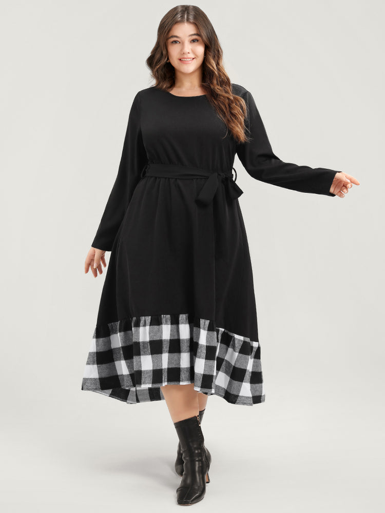 Plaid Patchwork Pocket Belted Asymmetrical Hem Dress