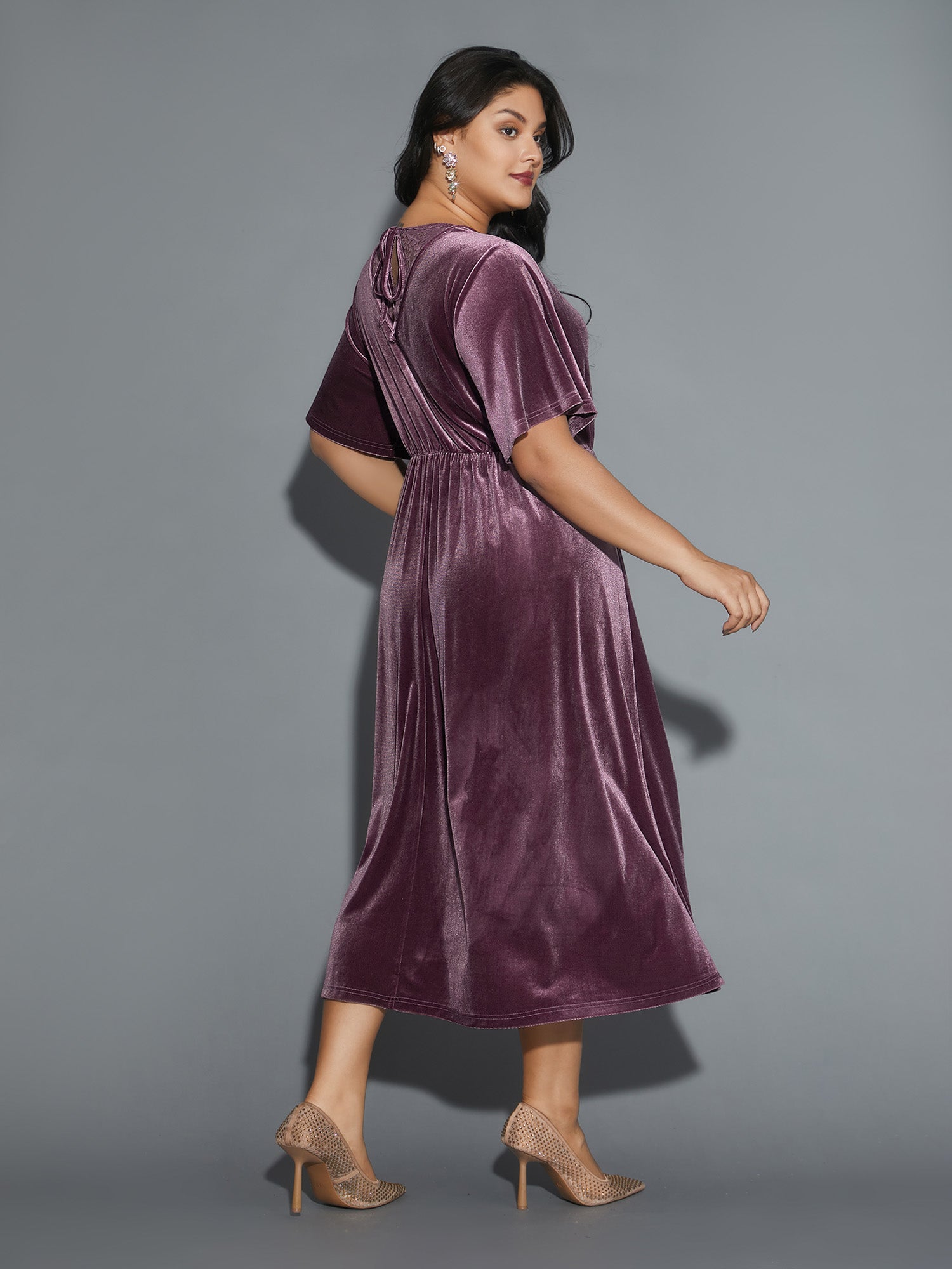 Surplice Neck Backless Ties Velvet Dress