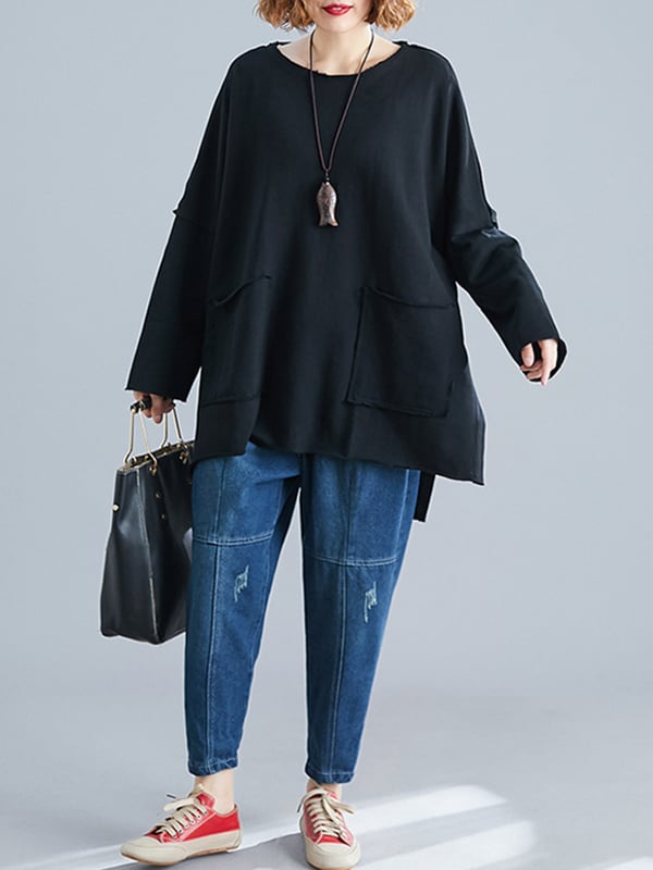High-Low Long Sleeves Pockets Solid Color Split-Joint Split-Side Round-Neck Sweatshirt Tops