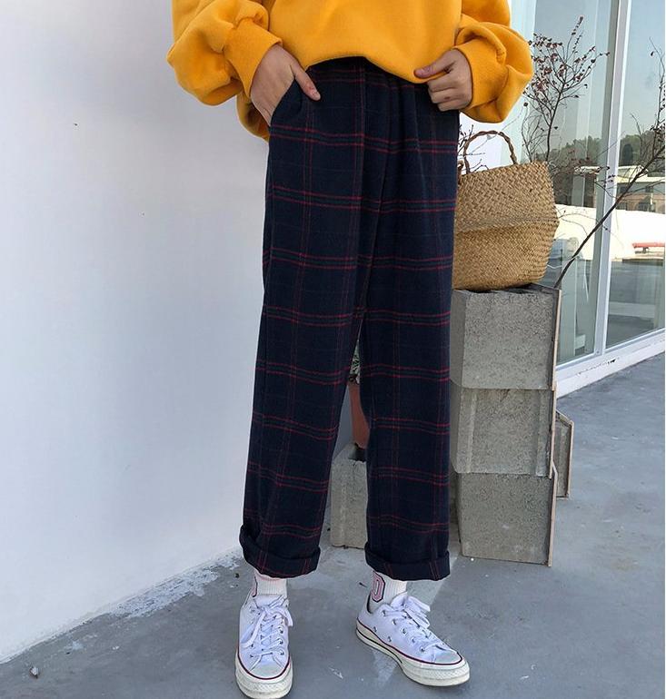 Straight Plaid Cotton Trousers
