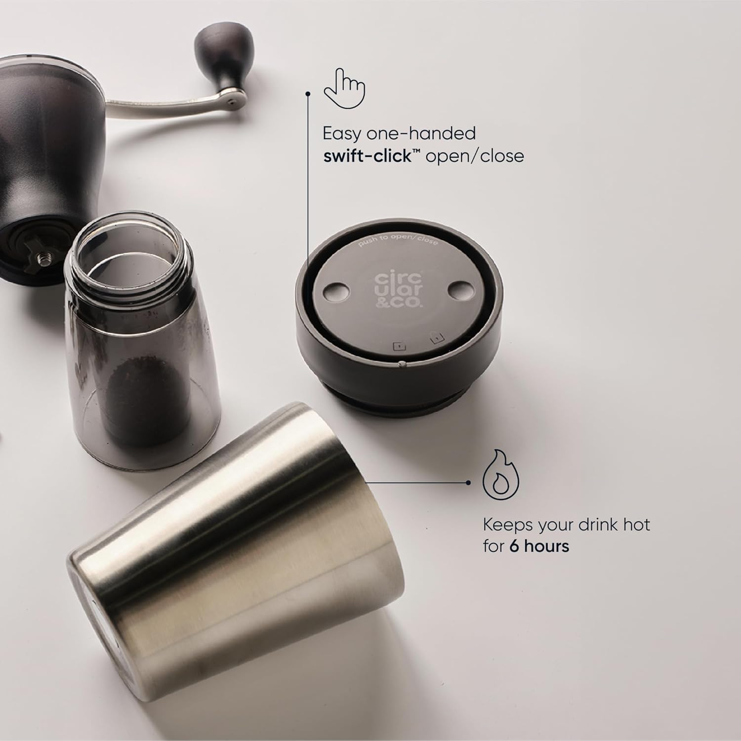 Circular & Co Thermal Stainless Steel Travel Mug - 8oz/227ml - Insulated Reusable Coffee Cup - 100% Leakproof & Lockable - 6 Hours Hot/Cold - Push Top, One Hand Open, 360 Drinking Coffee Tumbler