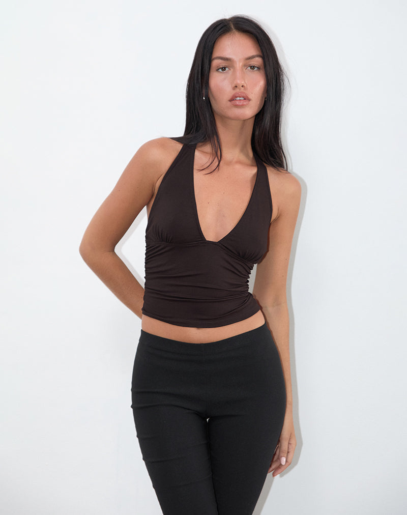 Cosmo Halterneck Top in Jersey Chocolate Brown